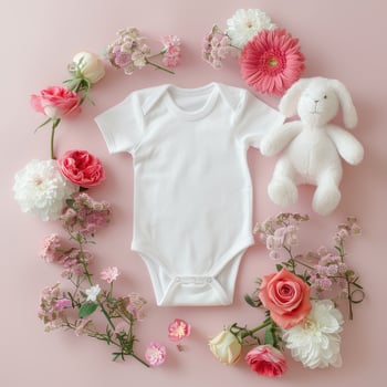 A baby's outfit surrounded by flowers and a stuffed animal photo