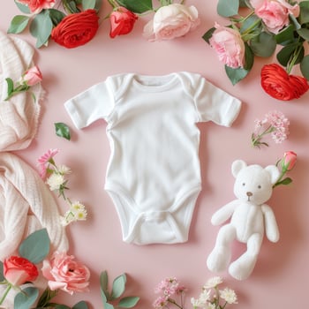 A teddy bear and a baby bodysuit on a pink background photo