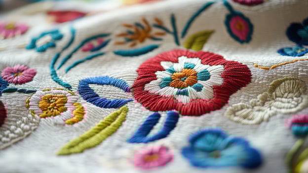 Colorful Floral Embroidery on White Fabric photo