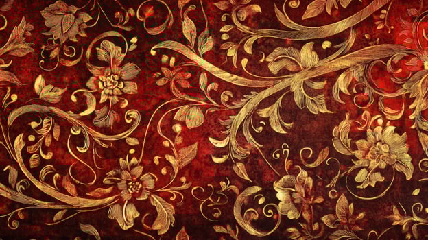 Intricate Gold Floral Design on Red Background photo