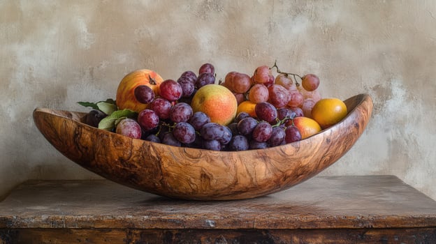 Wooden Bowl Filled With Peaches And Grapes photo