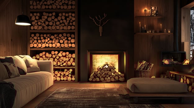 Cozy Cabin Interior Fireplace Wood Logs Winter photo