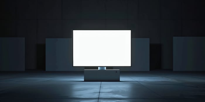 A large square light on a floor in a dark room photo
