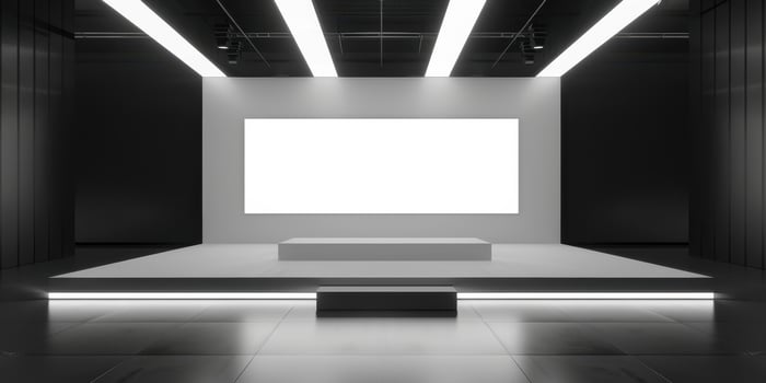 An empty room with a white screen on the floor photo