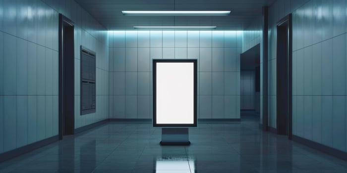 An empty hallway with a white billboard photo
