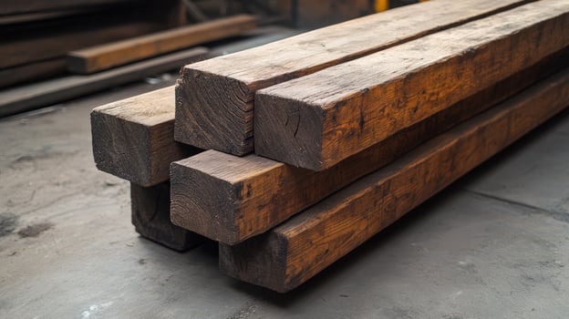 Reclaimed Wooden Beams Stacked In A Warehouse photo