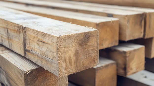 A close up of a pile of wooden beams photo
