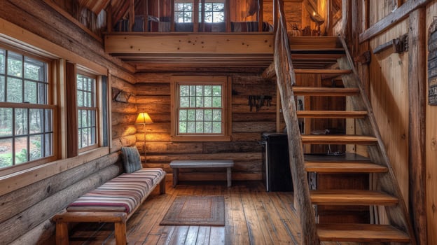 Rustic Log Cabin Interior With Wooden Stairs And Loft photo