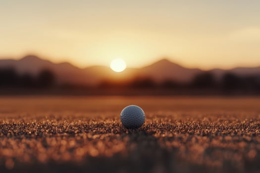 Golf ball resting on grass at sunset near mountains. photo