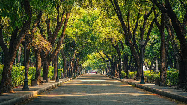 Sunlit Pathway Through Lush Green Tree Lined Park photo