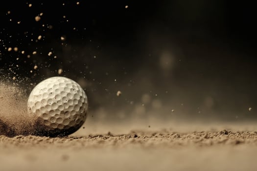 Golf ball rolling through sand on a sunny day. photo