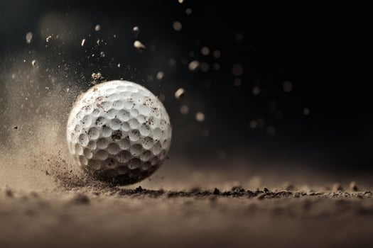 Golf ball soaring through sand in a dimly lit environment. photo