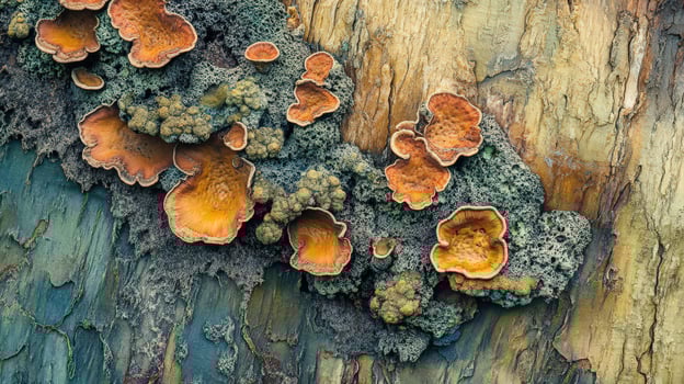 Orange Fungi Growing On Textured Tree Bark photo