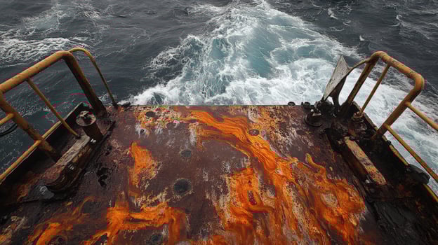 Rusty Ship Deck Overlooking Ocean Waves photo