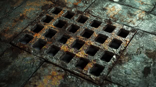 Rusty Metal Grate Embedded In Aged Stone Pavement photo