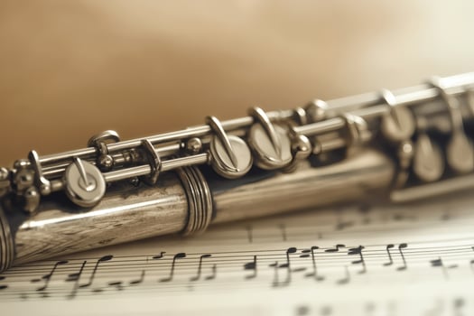 Captivating melodies flow from a silver flute on sheet music. photo