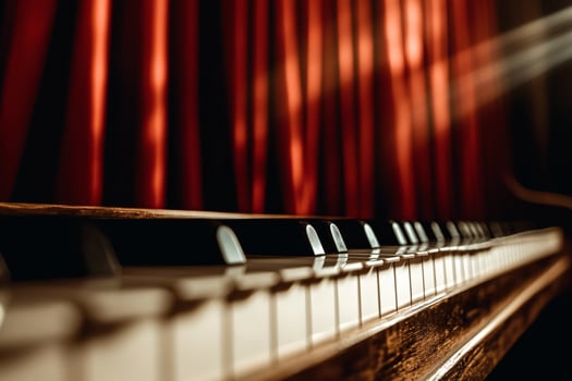Melodies in the golden light of a grand piano. photo