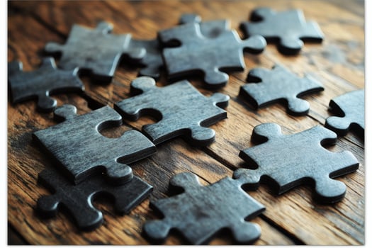 Solving a puzzle on a rustic wooden table. photo