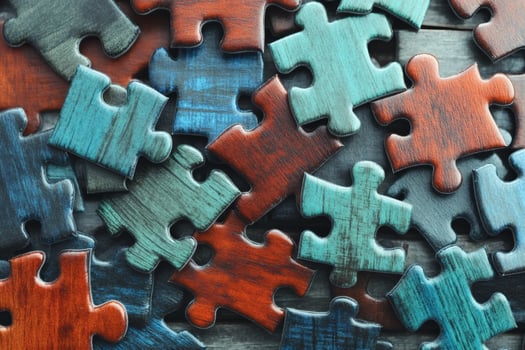 Intricate puzzle pieces scattered on a wooden table. photo