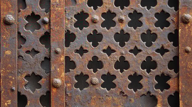 Rusty Metal Gate With Ornate Cutout Design photo