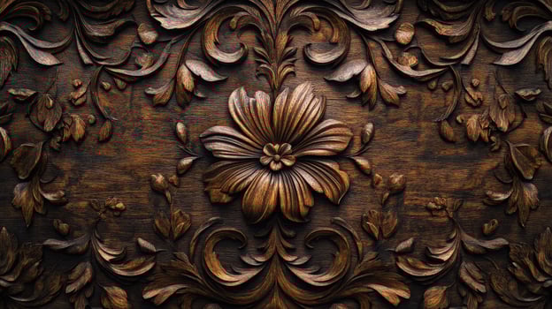 An ornate wood panel with flowers and leaves photo