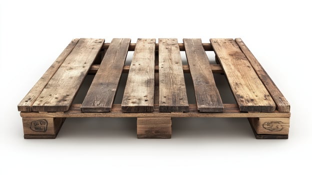 A weathered wooden pallet sits on a white background photo