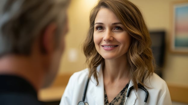 Friendly Female Doctor Smiling and Engaging with a Patient in a Modern Medical Office Setting photo