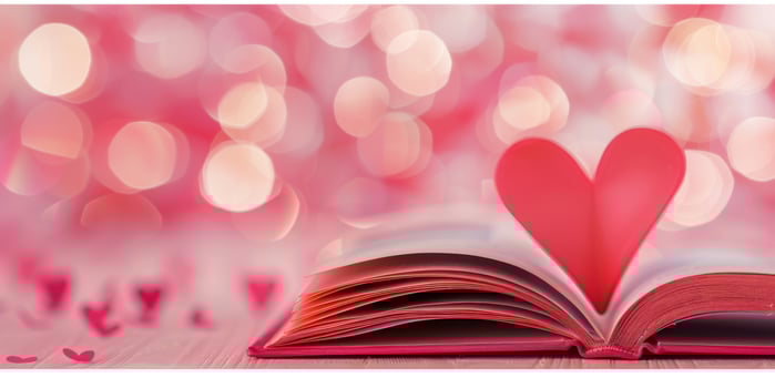 Open book with red heart shaped paper on pink bokeh background photo
