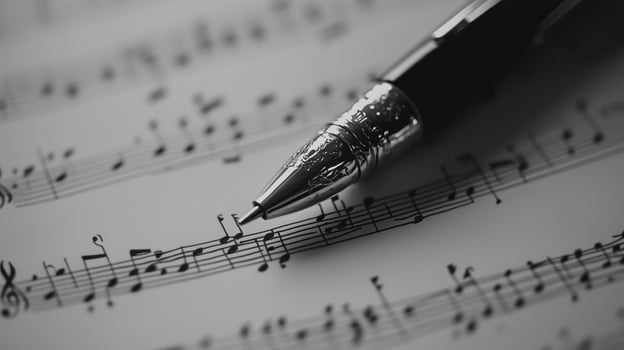A pen is resting on top of a sheet of music photo