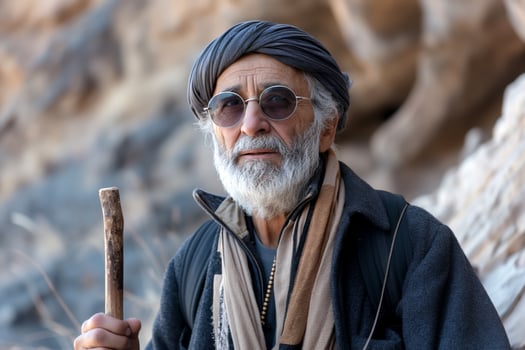 Elderly man with gray beard and glasses, wearing a traditional turban, holding a stick in a rugged outdoor setting. photo