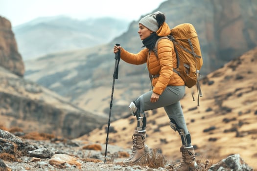 Female hiker with prosthetic legs ascending a mountain trail, showcasing resilience and adventure in a stunning natural landscape. photo