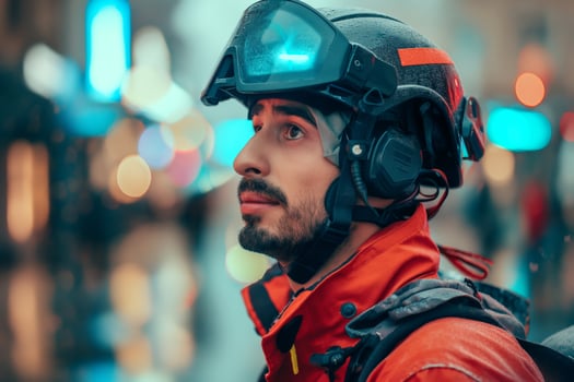 A young Hispanic male wearing a helmet and rain gear gazes upwards, showcasing determination in a vibrant, wet urban setting. photo