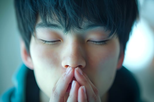 A young Asian male with closed eyes, deep in thought, conveying tranquility and introspection. photo