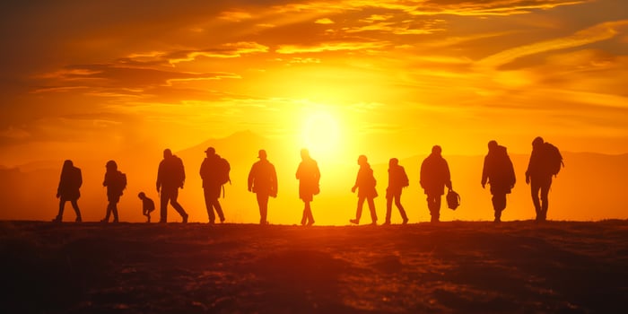 Silhouettes of diverse hikers walking against a vibrant sunset backdrop, creating a sense of adventure and camaraderie. photo