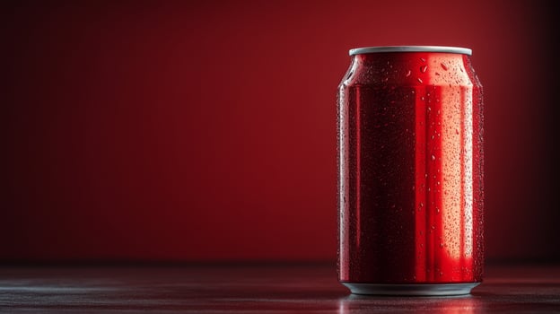 A red aluminum can sits on a sleek surface, glistening with moisture from condensation. Ambient light creates a warm atmosphere, perfect for a refreshing drink. photo
