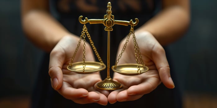 A person's hands gently hold a golden scale, symbolizing justice and balance. photo