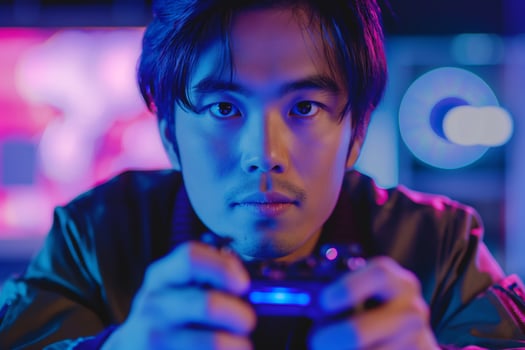 A focused young Asian male gamer holds a controller, surrounded by vibrant neon lights that create an energetic atmosphere. photo