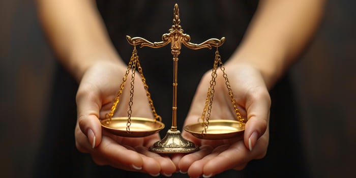 Hands of a young woman holding a golden balance scale, symbolizing justice and equality. photo
