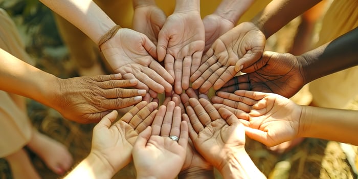 Diverse hands gathered together, symbolizing unity and collaboration among people of different backgrounds. photo
