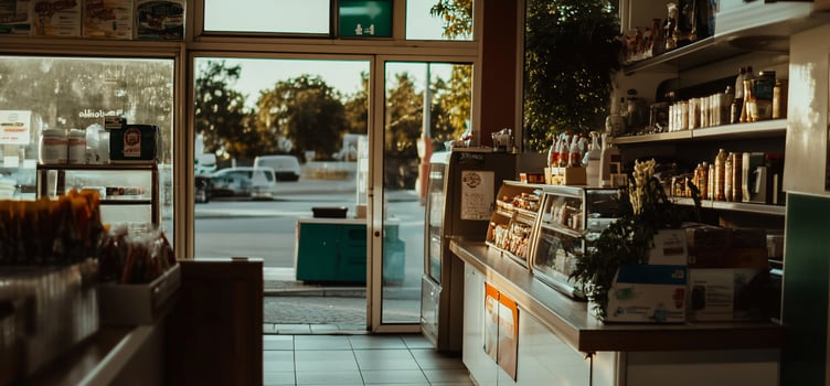 Sunlit convenience store interior with shelves stocked with various goods and open door revealing street view photo