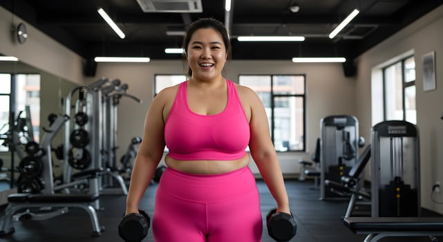 A woman in a pink top is holding two dumbbells photo