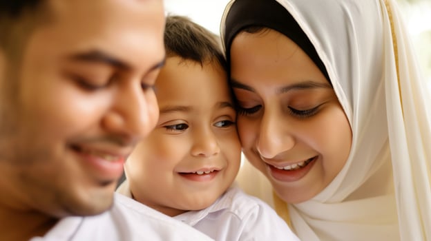 Joyful arab family dressed in traditional white clothing portrait image. Muslim parents hugging young child boy photography human scene. Cultural heritage concept photo-realistic photo