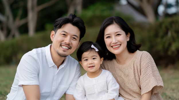 Cheerful asian family of three posing for portrait in natural outdoor image. Parents with toddler daughter photography human scene. Togetherness. Weekend outing concept photo-realistic photo