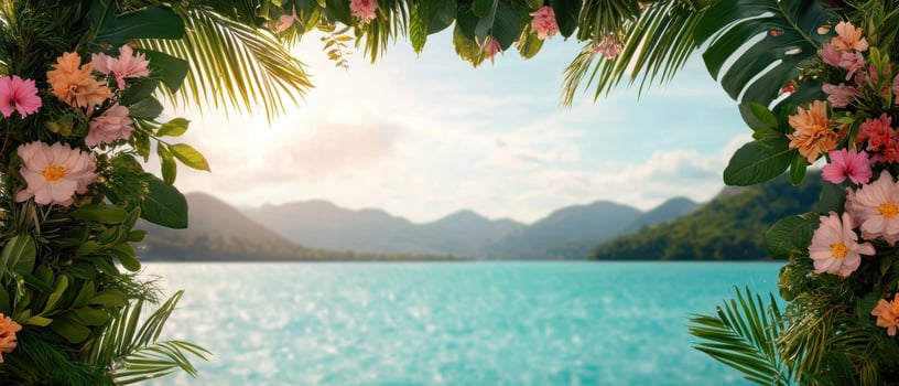 Tropical floral frame overlooking serene ocean view nature background landscape photography calm atmosphere photo