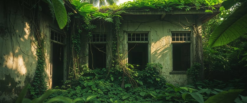 Overgrown Tropical House Abandoned In Lush Foliage photo