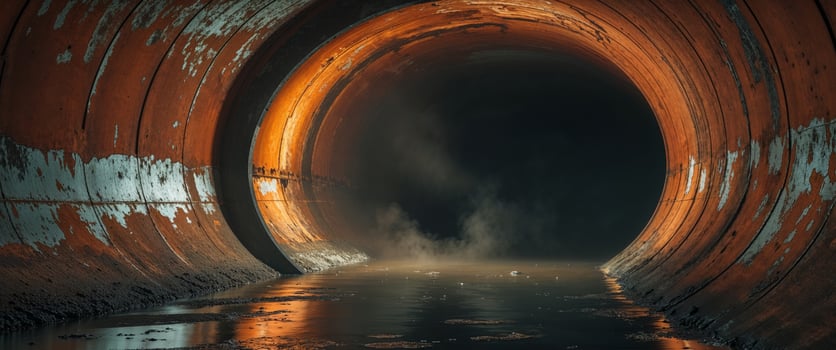 A rusted orange industrial tunnel with water reflecting golden light leading to a dark opening in a moody setting photo