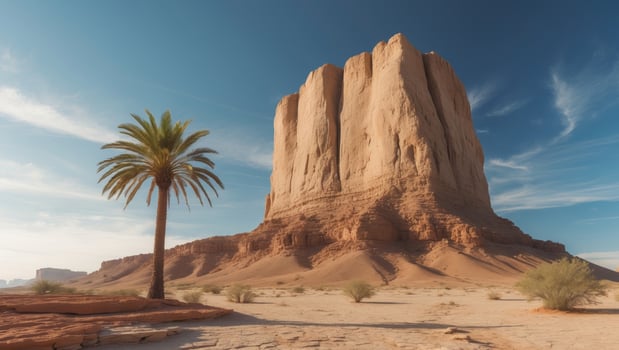 A tall rock formation in the desert with a palm tree photo
