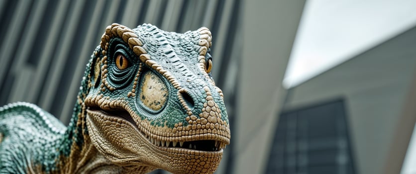 A close up of a dinosaur head in front of a building photo