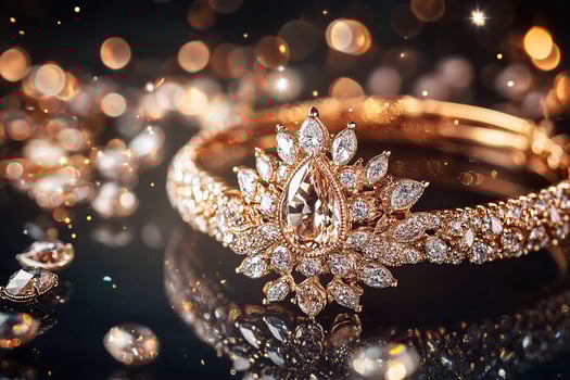 Exquisite gold diamond bracelet sparkling among glittering gems in luxurious display. photo