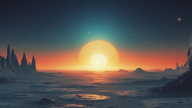 The sun rising over the horizon of an extraterrestrial planet. photo